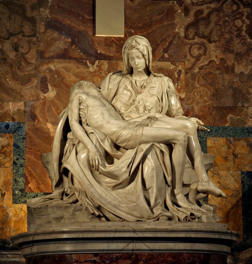 Michelangelo, Pieta. 1499, marble sculpture. St. Peter&rsquo;s Basilica, Vatican City, Rome, Italy.