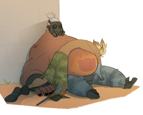 coconutmilkyway: Some sleepy junkers. Junkrat found him snoozing and WANTED TO PLAY TOO.  Posted earlier with WIPs, high-res PNGs, and a process video on my Patreon!  