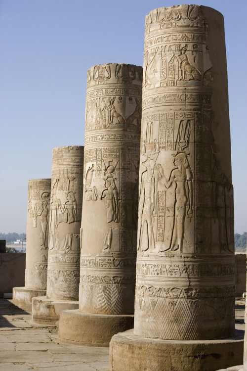 Decorated columns with reliefs and inscriptions at the Temple of Sobek and Haroeris, Kom Ombo