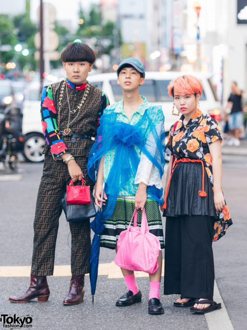 Japanese teens Ayato, Towy, and Sakurako in Harajuku wearing vintage street styles featuring items f