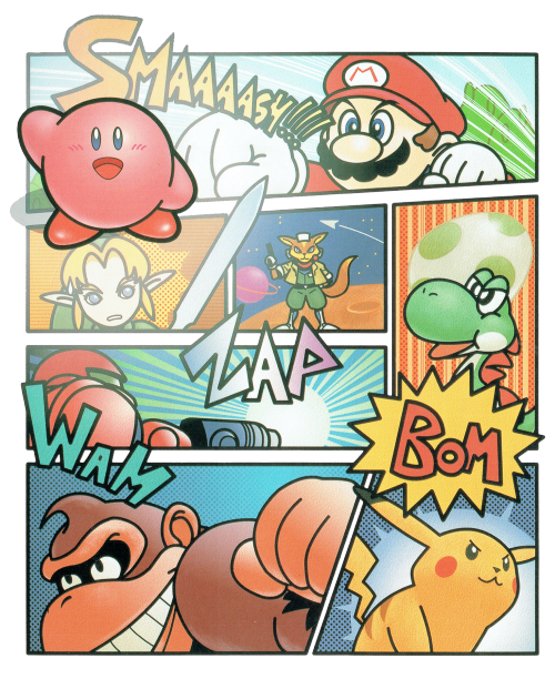 thevideogameartarchive:  Finally, we’re at #SuperSmashBros! The original! I bought a Japanese guide just for this game, so let’s get to it! Here we have the art used on the Japanese cover for the game. [The Video Game Art Archive] [Support us on Patreon]