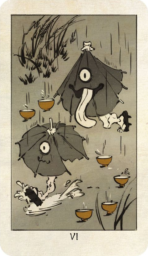 comparativetarot:
“Six of Cups. Art by Buboplague, from the Yokai Yochi Tarot: A Deck of Ghosts and Spirits.
(Also used in The Alleyman’s Tarot.)
”