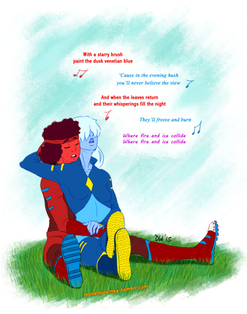 leonarajourney:  I love to think that they’re so in sync with each other that if one of them starts singing, the other follows and they sing a verse each without missing any word. Also, using rhinocio‘s Homeworld outfits, because the Loaves look
