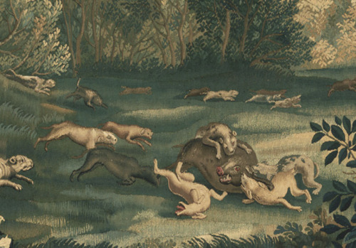 thegetty:  This tapestry (yes, it is wool and silk!) is over 10 feet high and 10 feet wide. Here are some of the details. You can see the Chateau Monceaux (demolished during the French Revolution), Louis XIV’s hunting hounds after a wild boar, and exotic