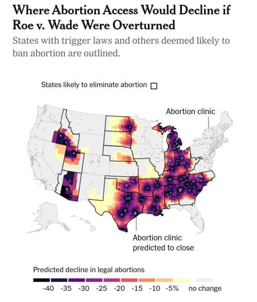 mapsontheweb:Predicted Decline in Legal Abortions if Roe v. Wade is Overturned.Source and details &a