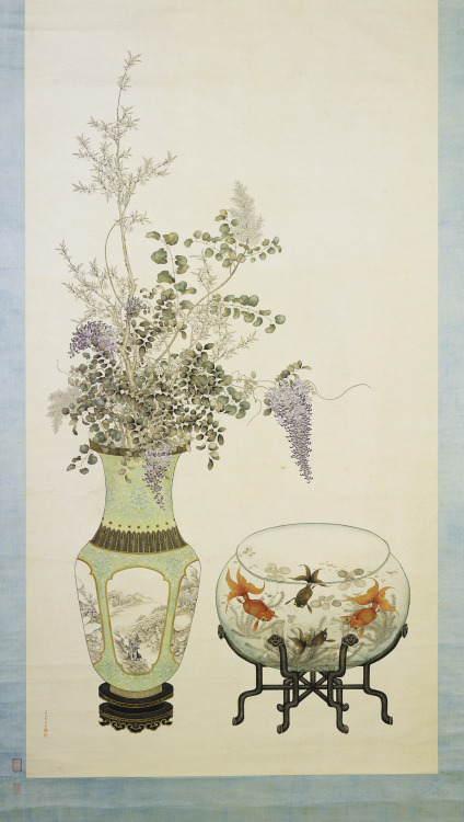 Vase of Flowers and a Goldfish BowlChen Zhaofeng Chen Zhaofeng, Qing dynasty (1644-1911) _ Hanging s