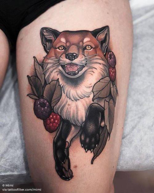 By Mimi, done in Madrid. http://ttoo.co/p/36094 animal;big;facebook;fox;mimi;neotraditional;portrait;thigh;twitter