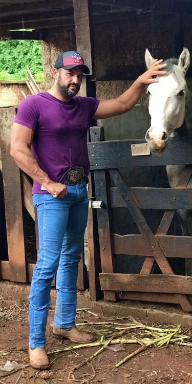 cowboycitypost: He’s wearing his favorite purple shirt and his bestest belt buckle cause this is a special occasion! His first time touching a horse!