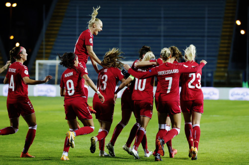 Denmark National Team celebrates after scoring 3 goals during UEFA Women&rsquo;s EURO 2022 quali