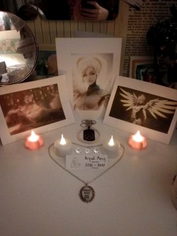 fareehasgf: epicwolfofdarkness:  So, everyone on Tumblr is overreacting over Mercy’s concept art and “what could have been”. Meanwhile I’m over here with my Mercy shrine, which I’m always adding to and making “offerings” to until I get Witch