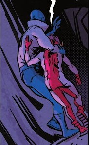 Max Mercury, one arm wrapped around Impulse/Bart Allen, both view from the back. One of Bart's hands rests on his back. They're both slightly hunched, exhausted.