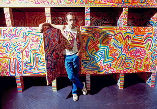 twixnmix:  Keith Haring photographed by Paolo Castaldi at Fiorucci in Milan, 1983.