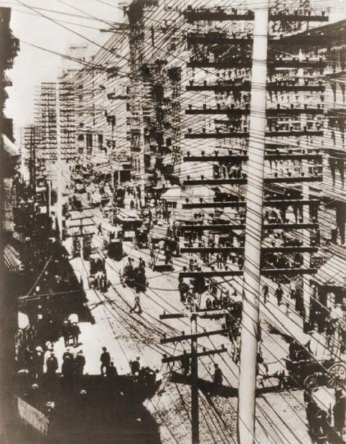 New York City in the late 19th century, back before cities started burying telephone lines and other