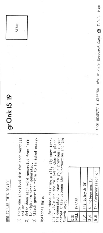 A Device for Generating a Contemporary Essay Title, 1980 by T.R.G. [Toronto Research Group]