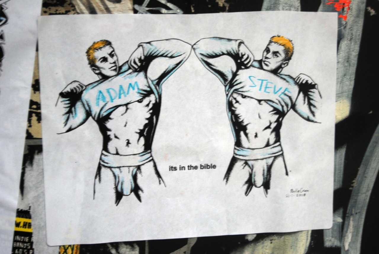 queergraffiti:paullechien:paul le chien  Adam &amp; Steve… “its in the bible”in