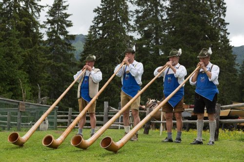 Men playing Alphorns or Alpenhorns (or Alpine horns), a tradition that dates back to the 16th centur