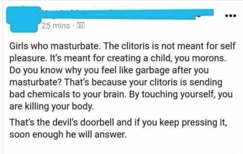 hucowgoddess: mad-maddie:  homopower:  sapphia:  warriormeal:    The devil gonna come fuck me himself    Reblog if you want the devil to come fuck you himself out of sheer spite at the OP.   “the clitoris is meant for creating a child”  Um… if it