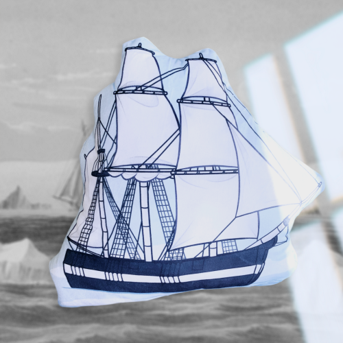 astralwhat:[Image description: Two photos of a tall ship pillow.]one more shill for my shop, ‘