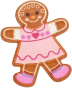 sticker of a gingerbread woman in a pink dress and shoes.