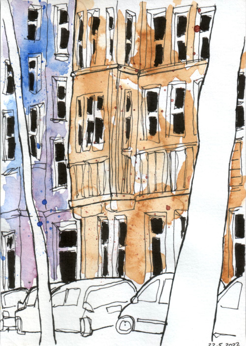 Sketching the neighbourhood. Wasn’t sure about adding the black, so I went home to scan it first in 