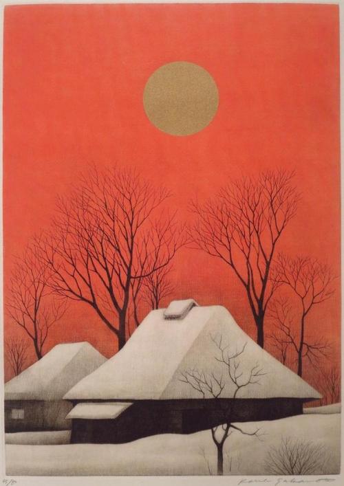 iamjapanese:  SAKAMOTO Koichi（坂本好一 Japanese, b.1932） Houses with Red Sky    color print   via   more 