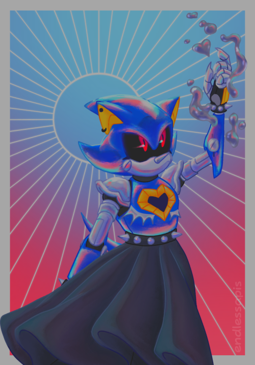 A painting of Metal Sonic (he/she/they pronouns), a blue robot hedgehog. He is wearing a long black skirt, a spiked belt, spiked bracelets, and a choker. She has blue and pink highlights/texture all over her body, similar in color to the trans flag. Their left arm is raised above their head, and liquid metal (similar to what they turn into in Sonic Heroes) swirls around their hand.