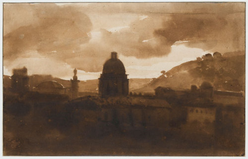 François-Marius Granet (1775-1849), View of Rome from the Piazza Trinita dei Monti at Sunset. Brown 