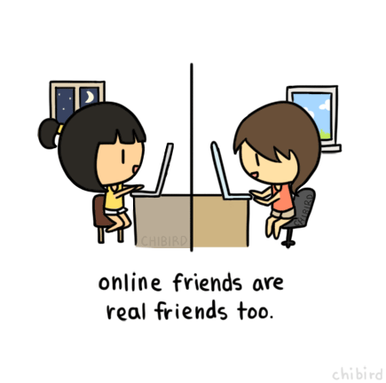 a drawn gif of two girls on their laptops at different parts of the world, with text "online friends are real friends too"