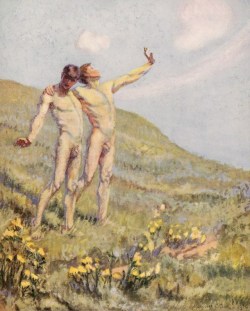 oneiroi-refs:  k250966:   Margaret C. Cook     “Whose happiest days were far and away through fields, … he and another wandering”  Illustration   by the English artist Margaret C. Cook for Walt Whitman’s Leaves of Grass 1913 edition