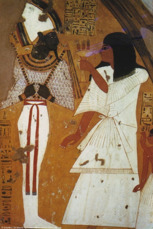 Painting in the tomb of the Queen Nefertari, showing the God of the Underworld, Osiris, receiving th
