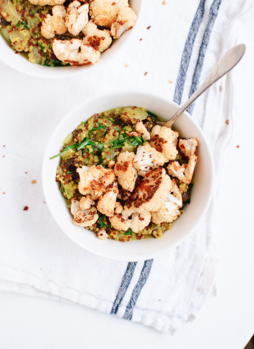 curried coconut quinoa and greens with roasted cauliflower