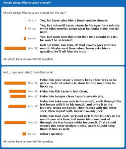 Story Saturday poll resultsThanks to all of you who voted in the Story Saturday poll this week to determine how Pledging the Frat will continue this Saturday. It sounds like pledge Mike will be shown no mercy for lying to Jason. He’s got quite a humiliati