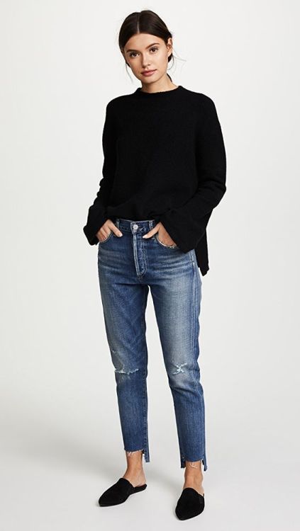 ✓ Black Sweater✓ Blue Jeans✓ Black Flat Mules