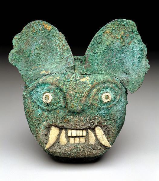 aleyma: Moche culture of Peru, Ornament in the form of a feline face, c.100-450