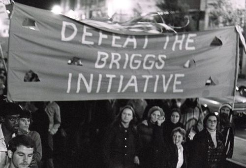 “DEFEAT THE BRIGGS INITIATIVE,” demonstrators in San Francisco react to the rejection of