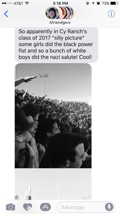sheobeyshim: the-movemnt:   Texas high school students throw up Nazi salute during “silly picture” for senior class photo shoot Earlier this week, candid images taken during Cypress Ranch High School’s senior class photo began making the rounds