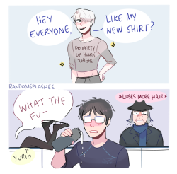 randomsplashes: randomsplashes: when ur fiance shows up to practice in a crop top that says ‘property of yuuri’s thighs’ and literally no one can handle it 🔥    🔥   (insp) bonus: two can play at this game   🔥    🔥   