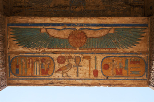 Winged sun disk and cartouches of Ramesses III. Medinet Habu, West Thebes.