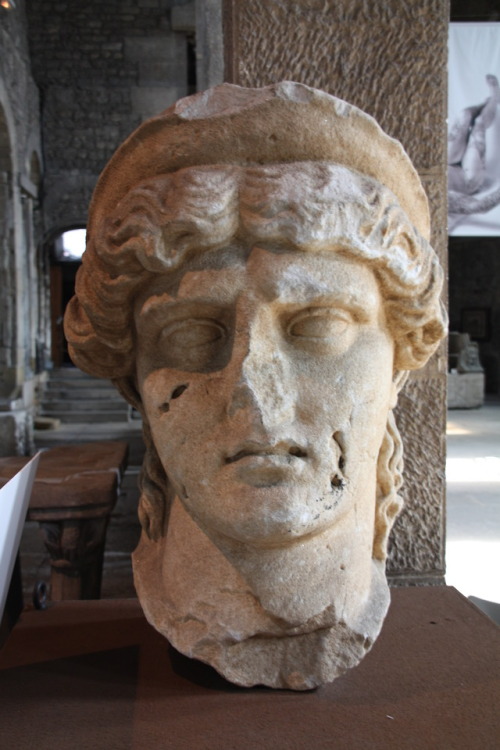 Monumental marble head of the Roman goddess Juno, wearing a diadem.  Found at Vienne (ancient Vienna