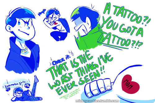 mickeycookies:More Karamatsu doodles (feat. Choromatsu, Ichimatsu, and a Spongebob reference that wa