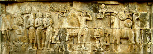 Prince Siddhartha, the future Buddha, cuts off his long hair as a sign of renunciation. Borobudur, J