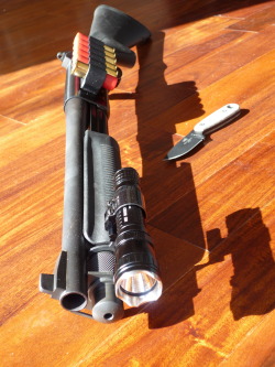 zestyasfuck:  Probably my favourite gun. Remington 870 Wingmaster receiver with a Norinco 14” barrel, Scattergun Tech (I think?) ghost ring sights with tritium inserts, Mesa Tactical side saddle, Wilson Combat +1 extension.  The flashlight is an O-Light