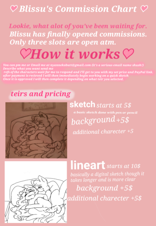 blissus-naughty-doodles: Commissions are finally open yeye~ (special thanks to my friend colorful souls for helping me with the pricing) Commission email is nyannekobutt@gmail.com   Hey guys, lil plug here. Blissu makes really cute art. If you like that