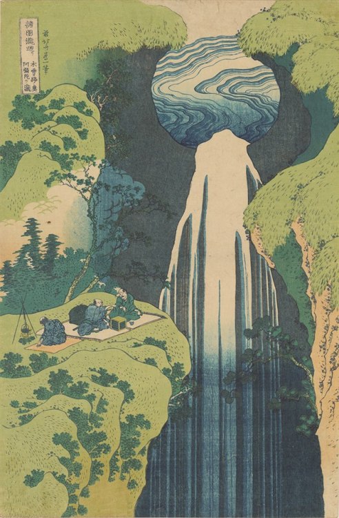 typhlonectes: Katsushika  Hokusai (1760–1849), Amida waterfall, deep beyond the Kiso highway.  1833. Colour woodblock.