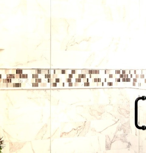 Phoenix 3/4 BathSmall Transitional 3/4 Multicolor Tile And Stone Tile Bathroom Design Idea With Raised-panel