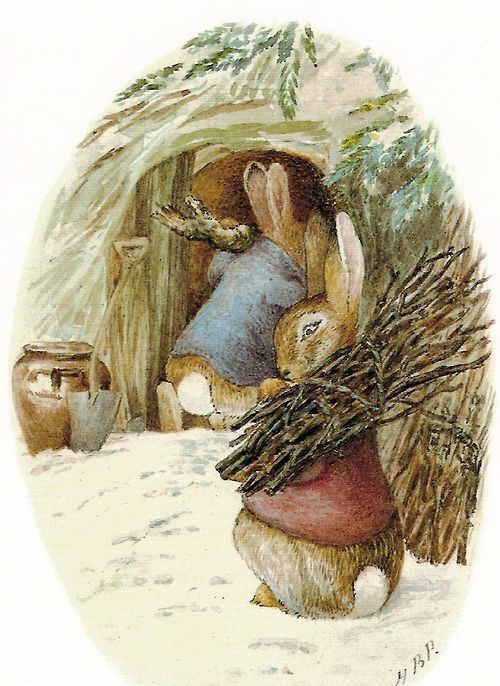 thequeensenglish:‘Collecting Winter Fuel’, December illustration for Peter Rabbit’s Almanac for 1929