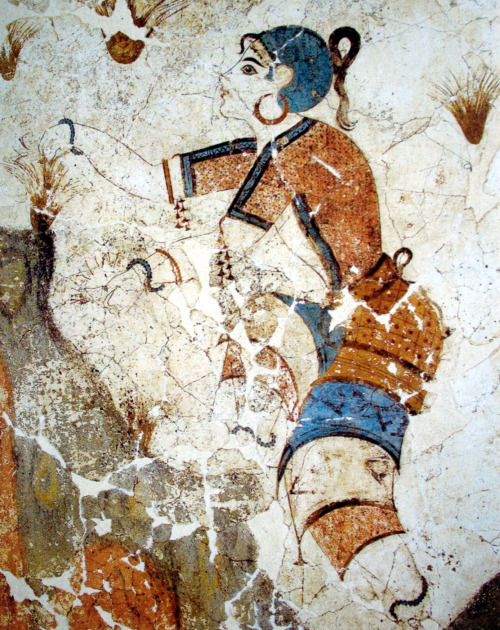 fromthedust:details of Minoan frescos portraying the collection of crocus (saffron plant), with offe