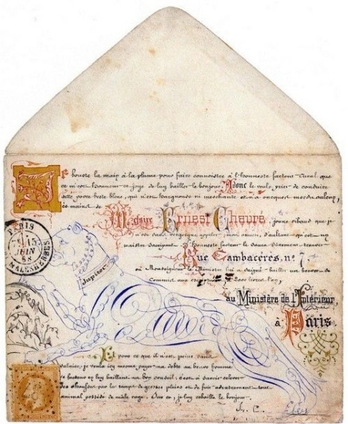 curiousmiscellanies:Calligraphies et enluminures sur enveloppe. 1868. France