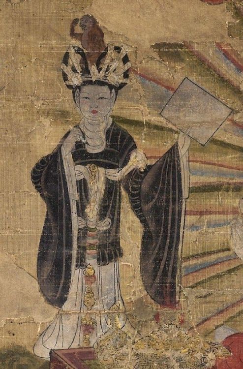 “Tejaprabha Buddha and the Five Planets” Tang dynasty painting with details of Mercury and the plane