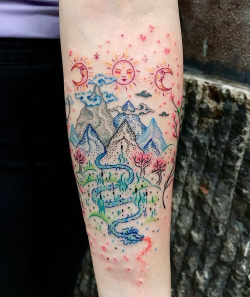 Bianka Nedbál colorful;dots;dragon;landscape;moon;mountain;sun